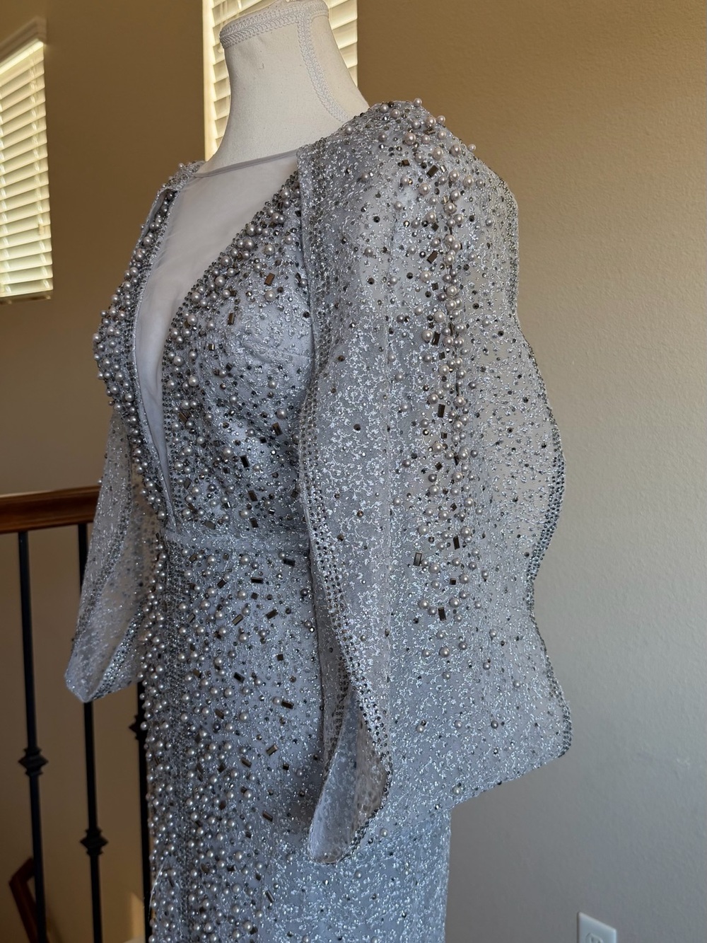 Embellished Silver Evening Gown with Plunging V-Neck - Picture 5 of 5